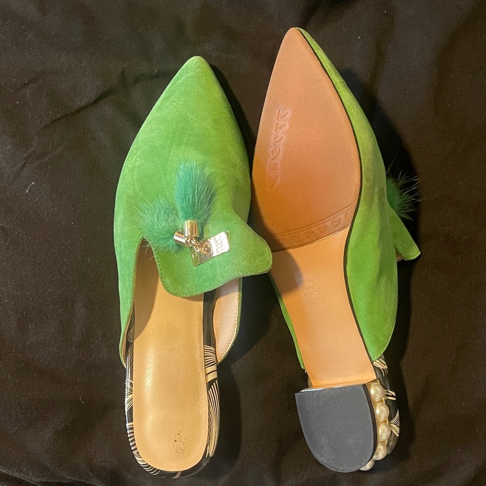 Chic Green Suede Mules with Gold Accent